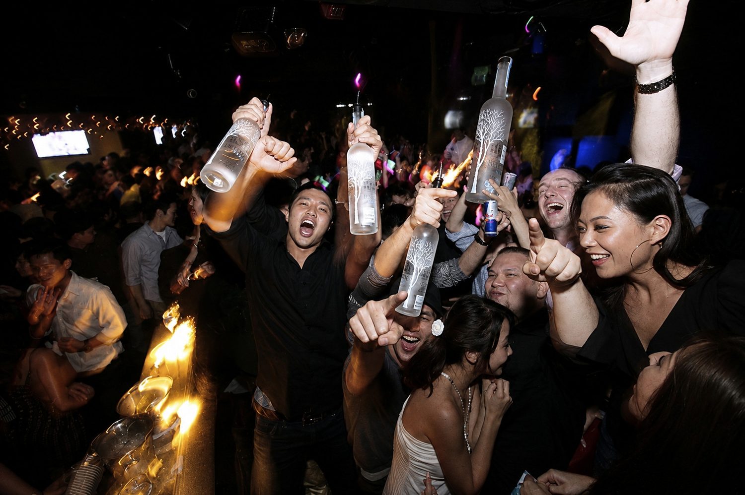 The crowd erupting with sparkler-lit Belvedere bottles at Filter Members Club, Singapore